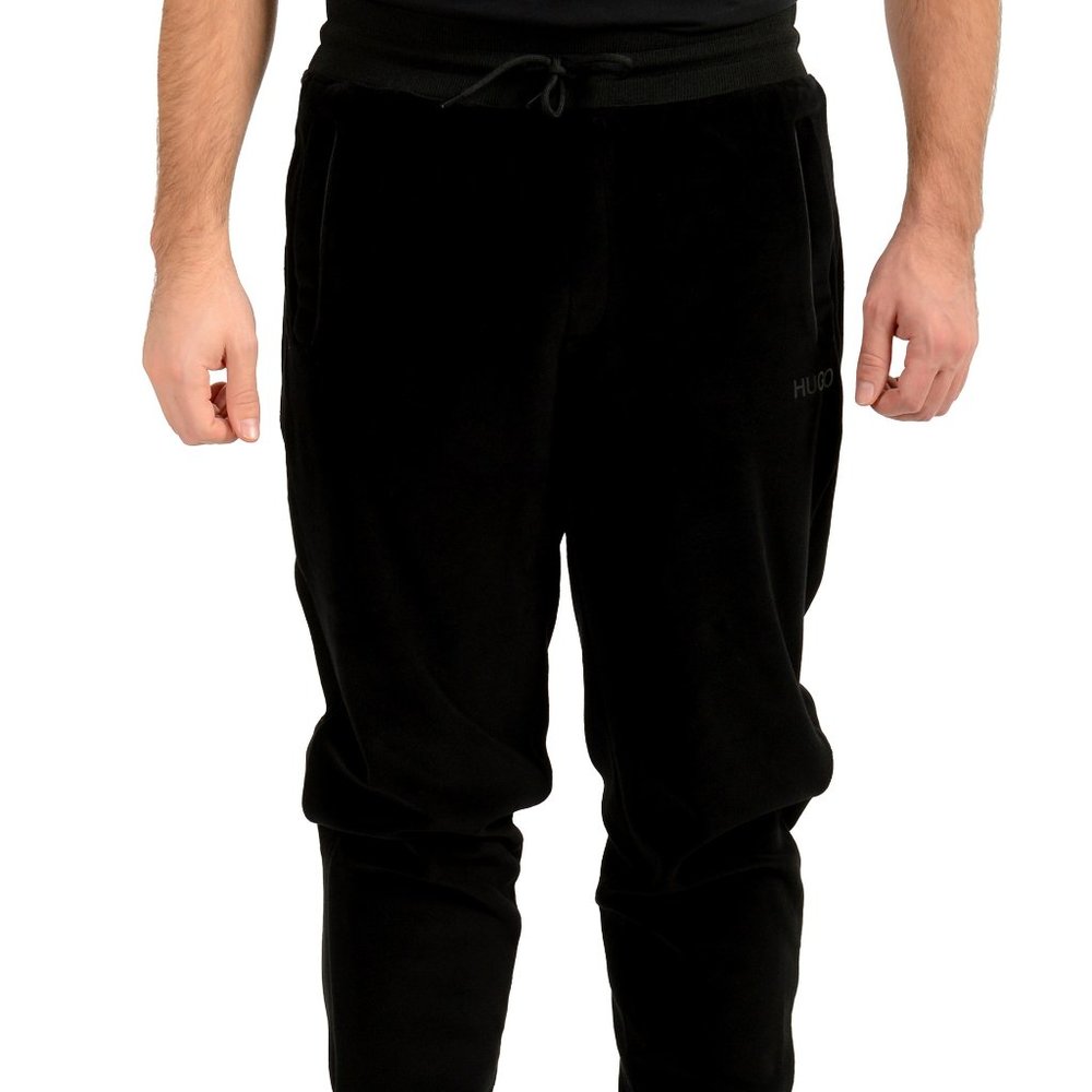 Hugo Boss Men's "Dechi221" Black Velour Logo Print Track Sweat Pants